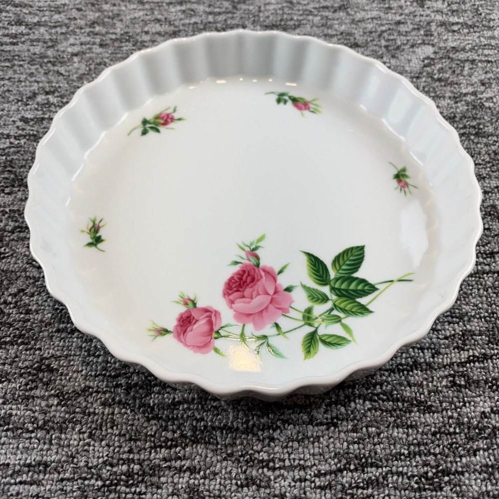 Vintage Christinholm Rose Porcelain Quiche Tart Pie Dish Pink Floral 9.5 Inch